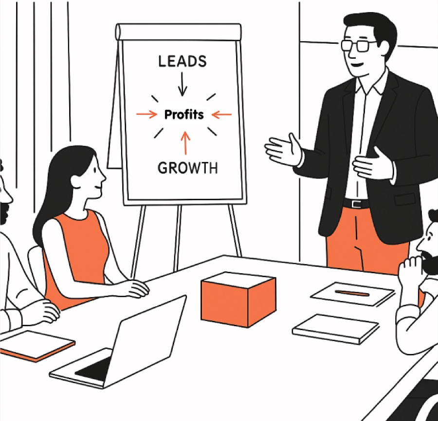 Illustration of a presenter showing leads, profits and growth to a team
