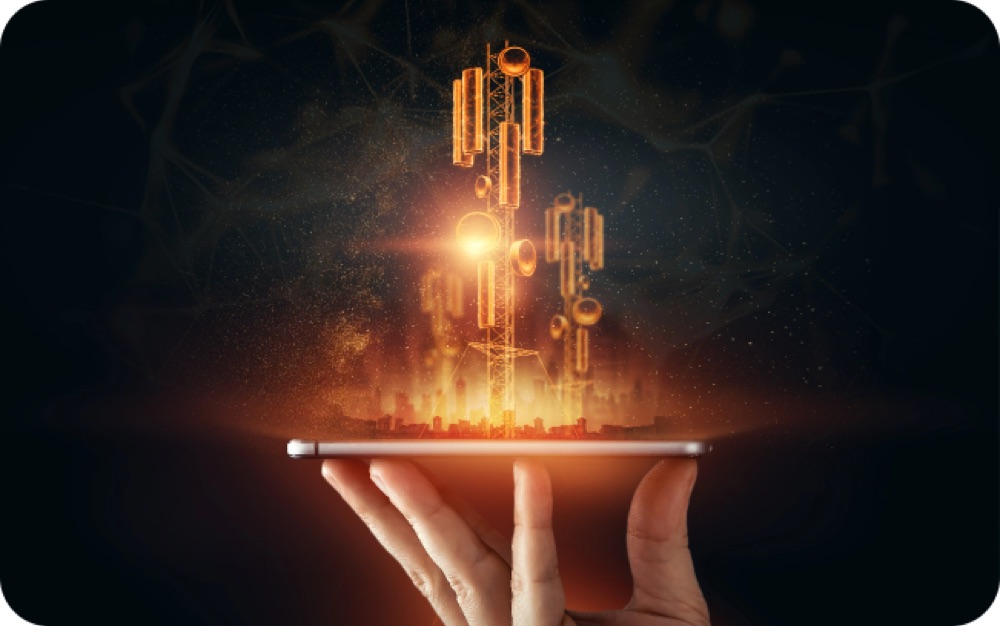 A phone with a glowing mobile mast